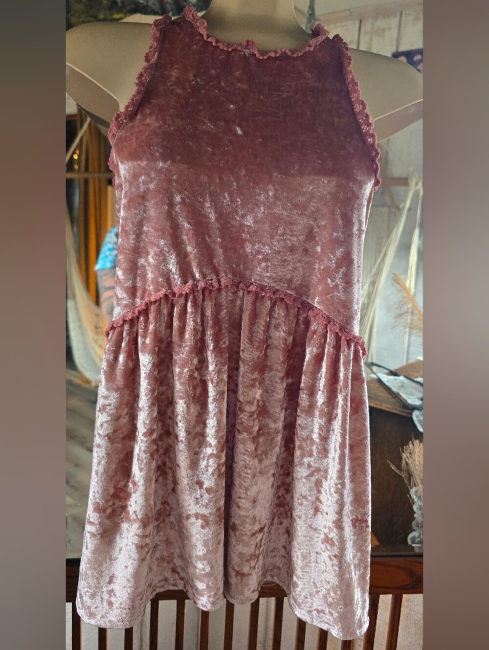 POL Pink Crushed Velvet High Neck Babydoll Top Crochet Trim Size: Medium